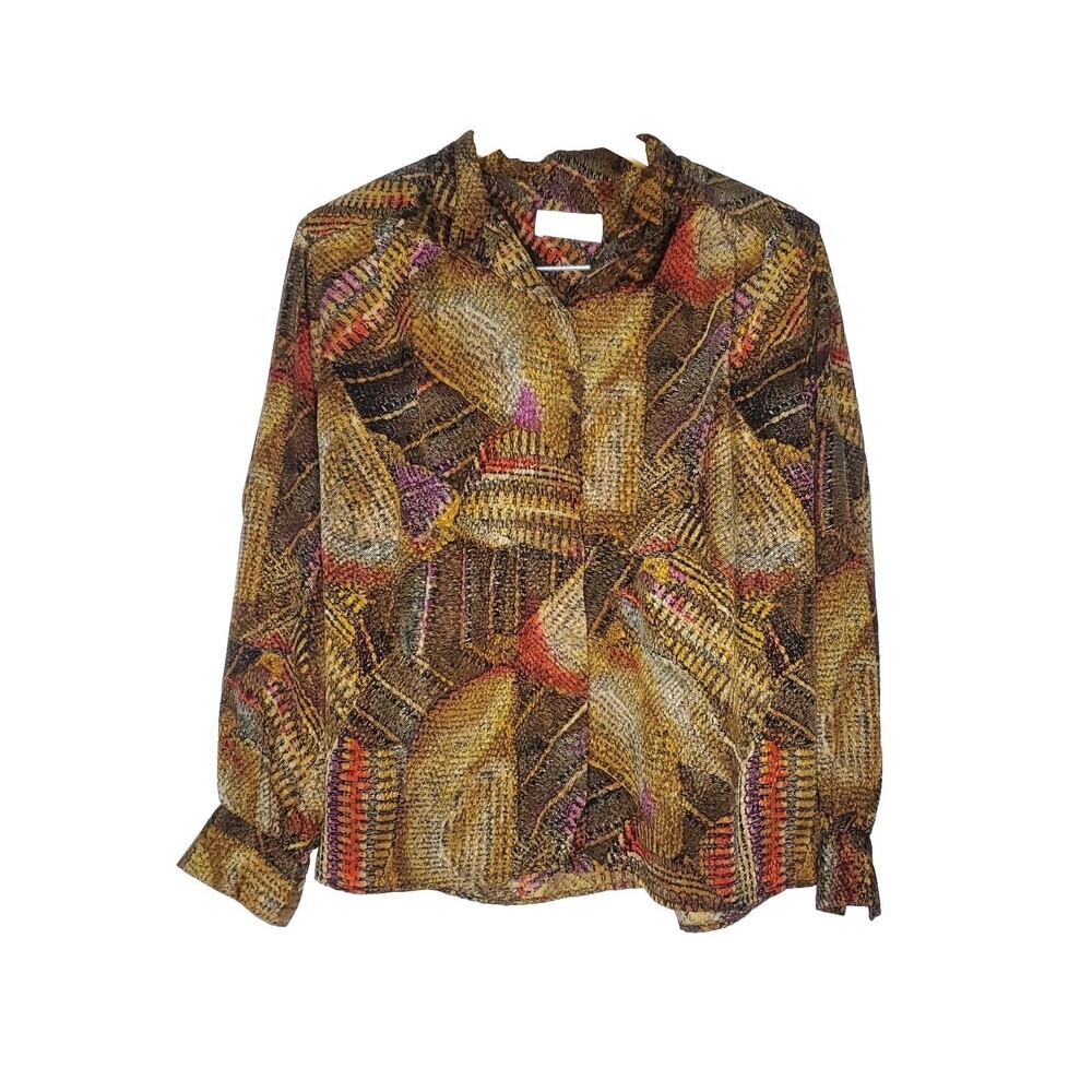 LILLI Ann Collection Brown BLOUSE SIZE L Retro Button Down